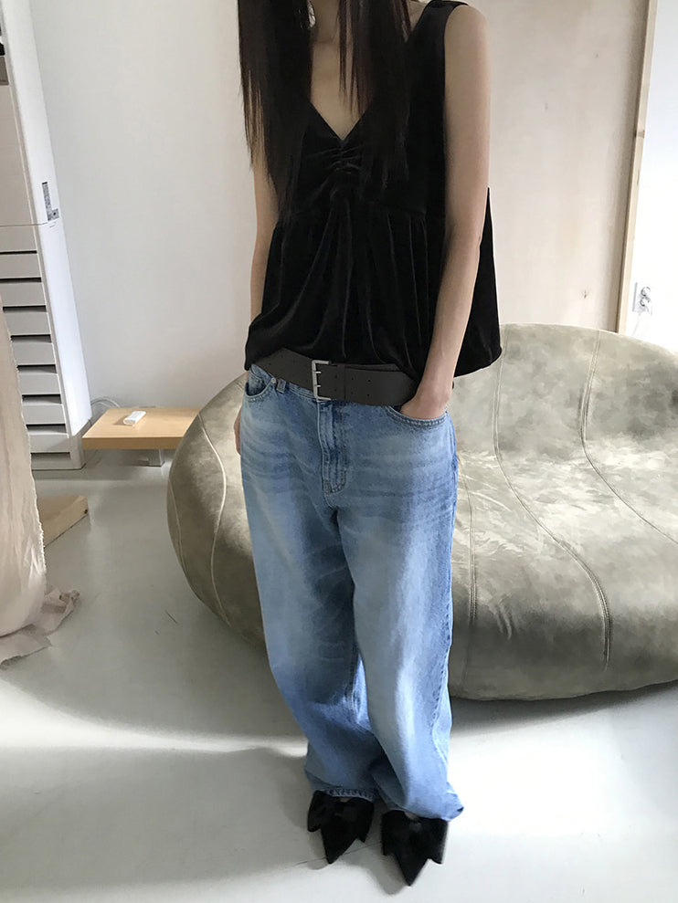 絲絨V領抓皺細節背心