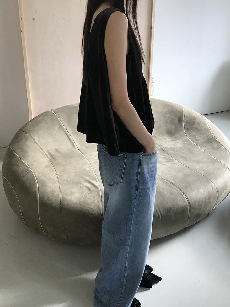 絲絨V領抓皺細節背心