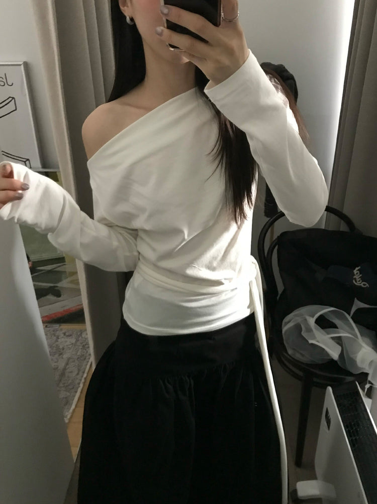美肩抓皺綁帶細節上衣