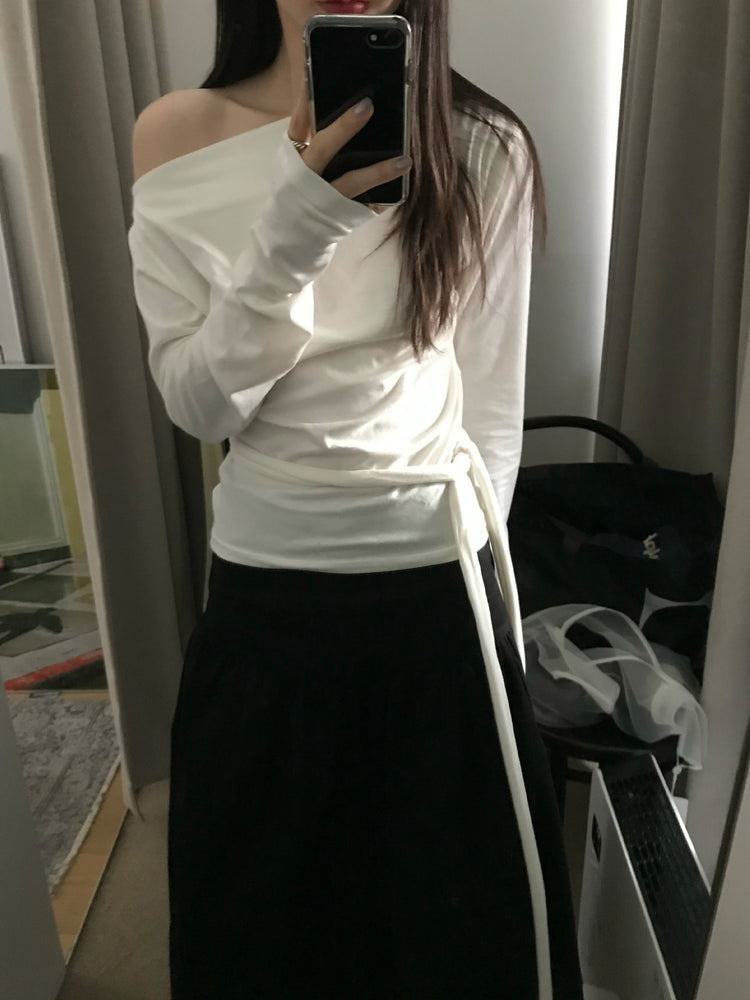 美肩抓皺綁帶細節上衣