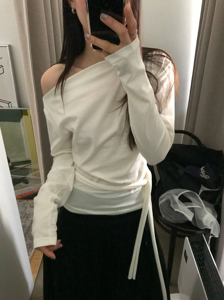 美肩抓皺綁帶細節上衣