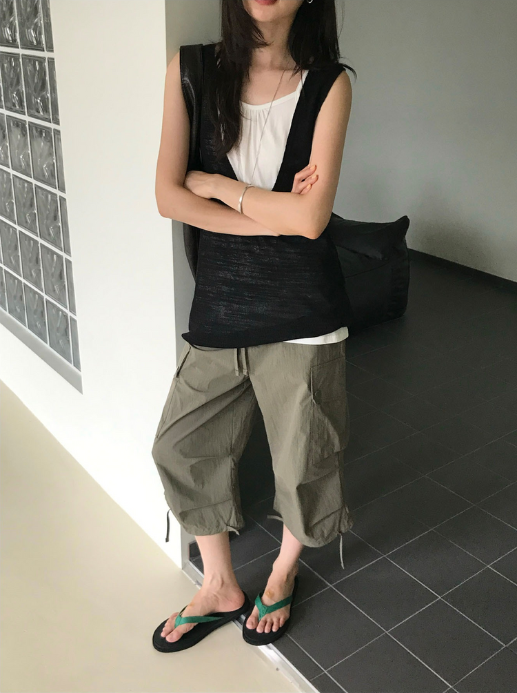 抽繩工裝抓皺細節七分褲