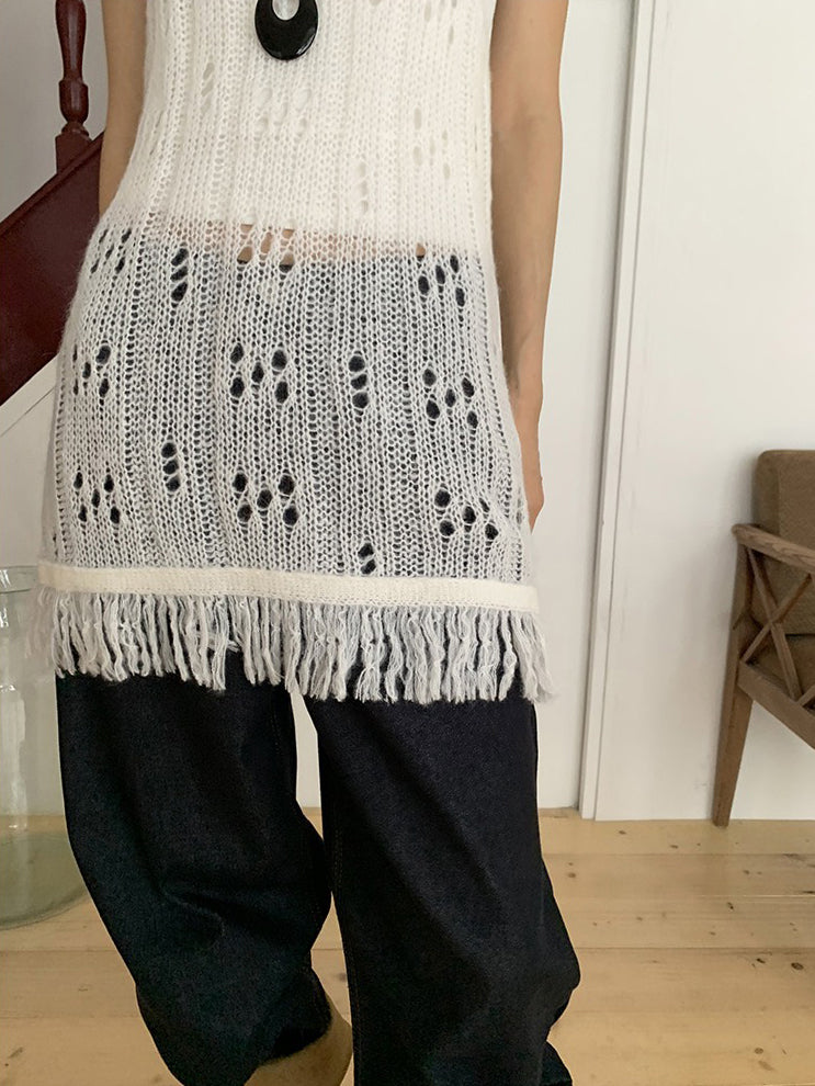 透膚縷空流蘇細節針織背心