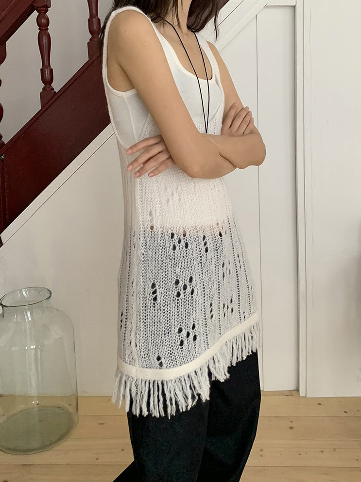 透膚縷空流蘇細節針織背心