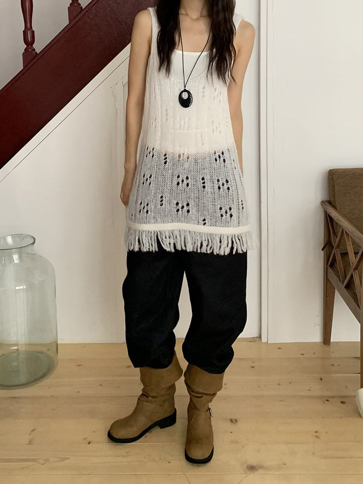 透膚縷空流蘇細節針織背心
