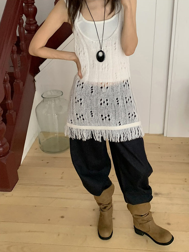 透膚縷空流蘇細節針織背心