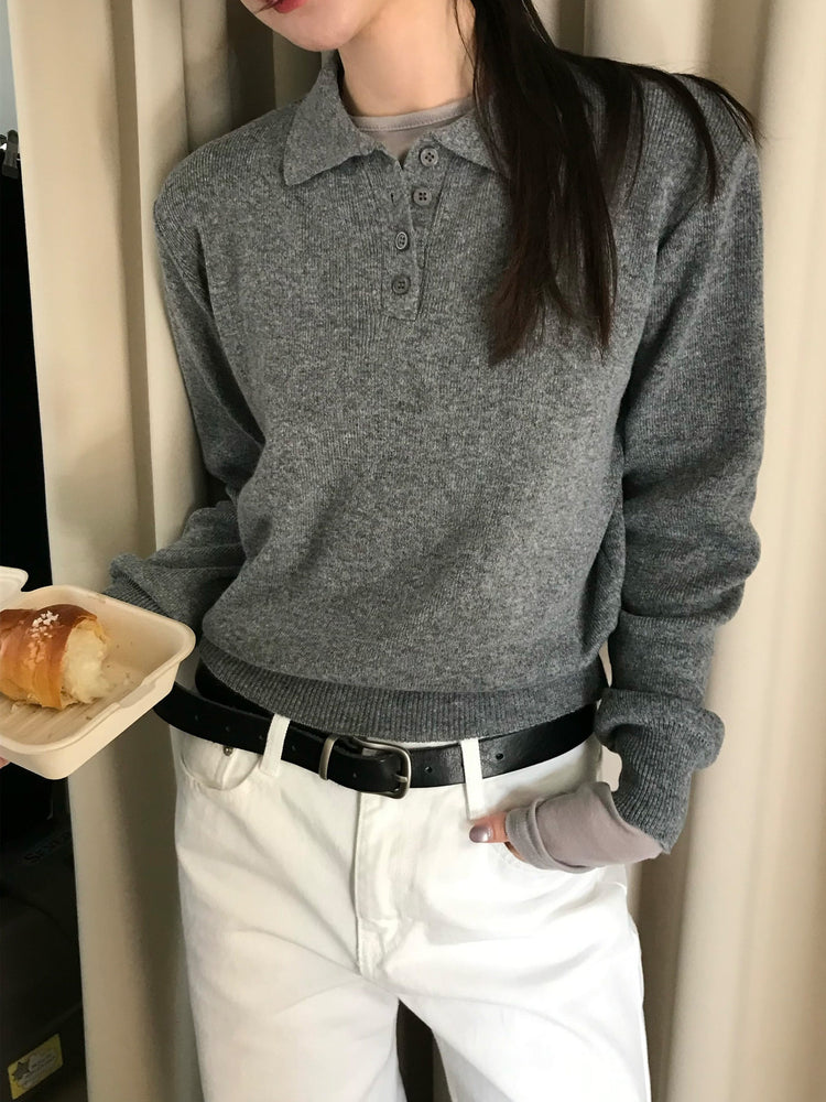 Polo領修腰針織上衣