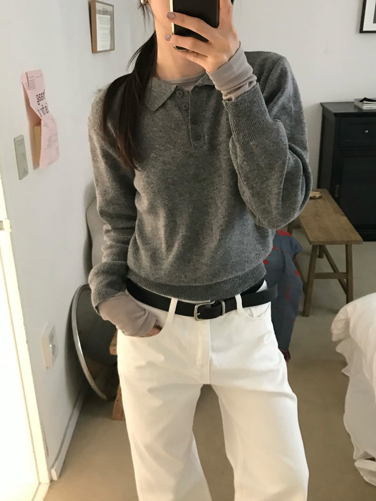Polo領修腰針織上衣