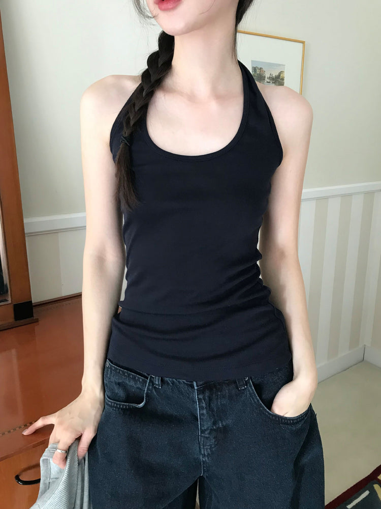 美肩撞色掛脖兩件式上衣