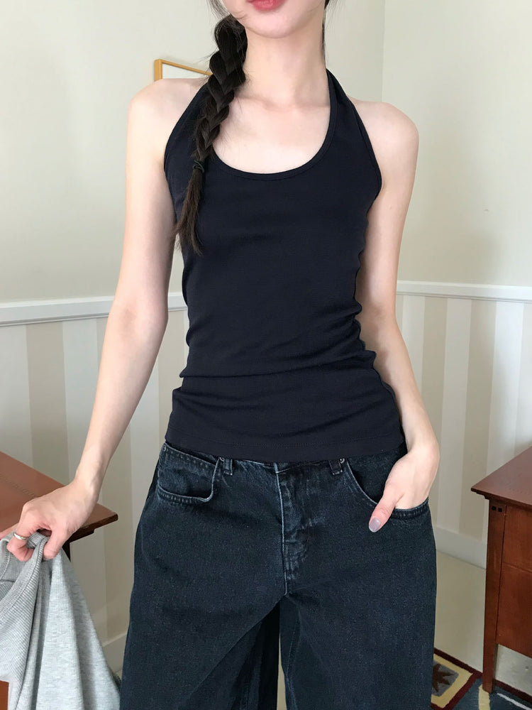 美肩撞色掛脖兩件式上衣