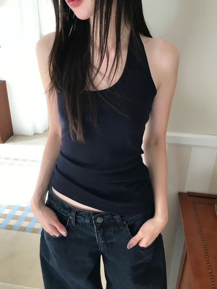 美肩撞色掛脖兩件式上衣