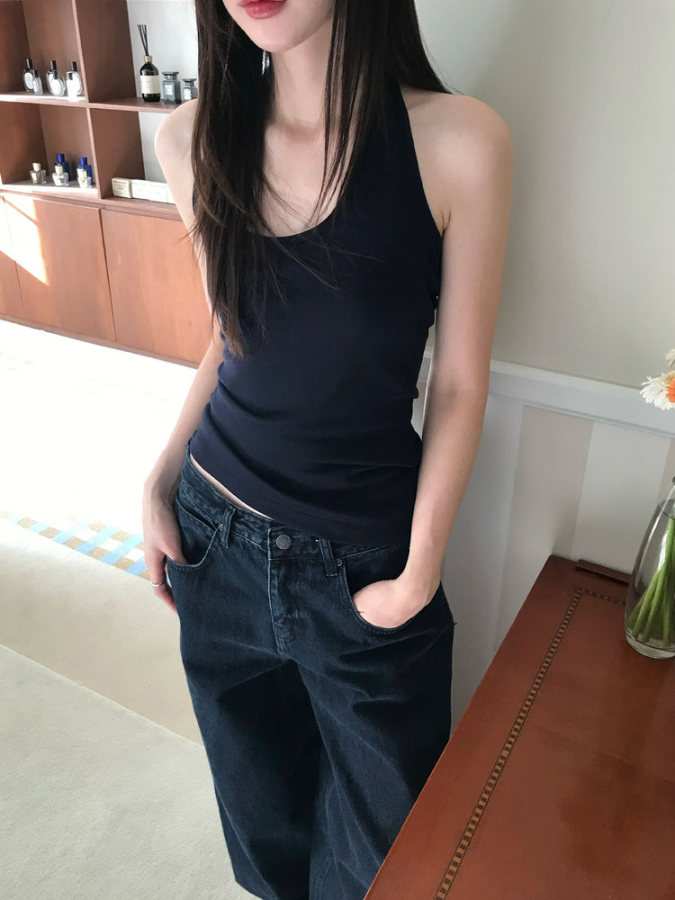 美肩撞色掛脖兩件式上衣