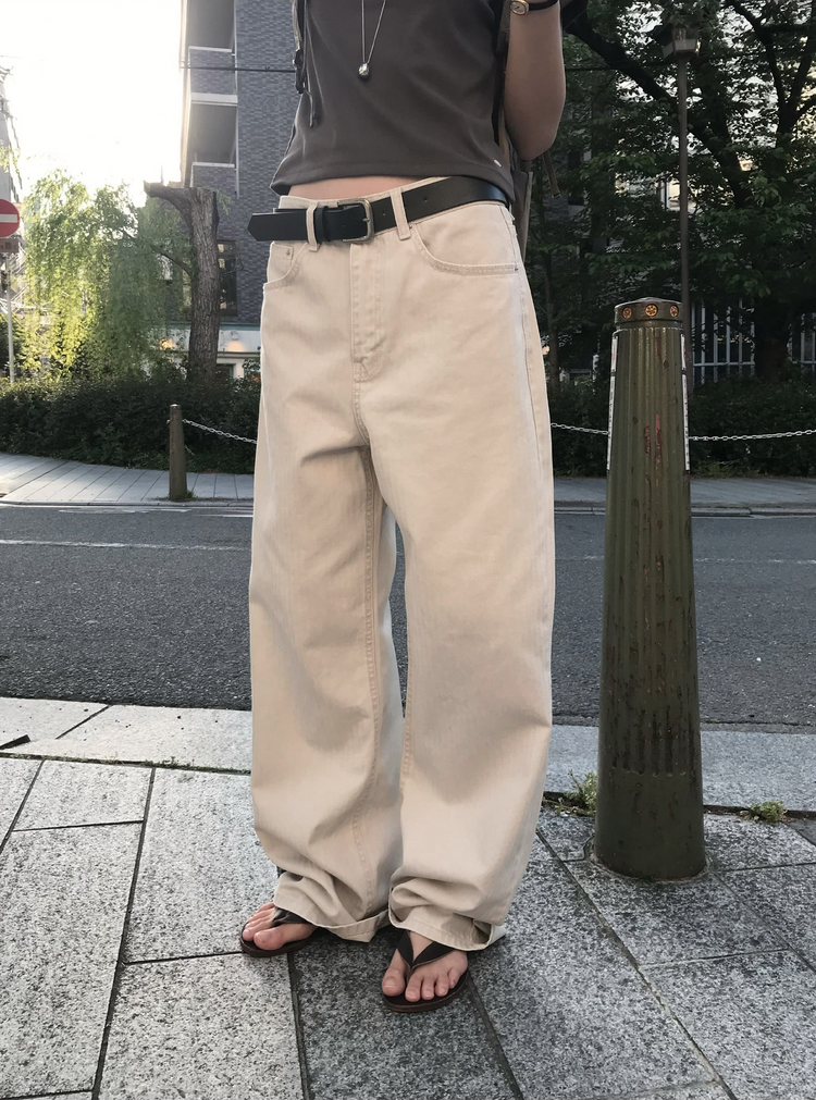 美色暗條紋細節直褲