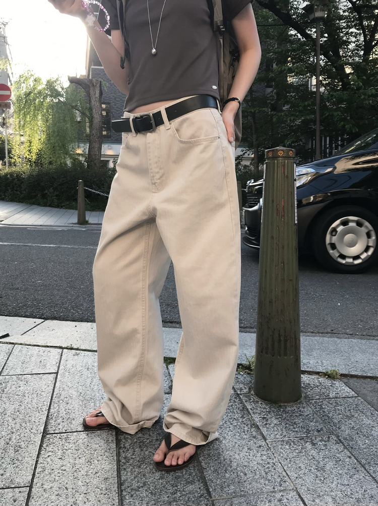 美色暗條紋細節直褲