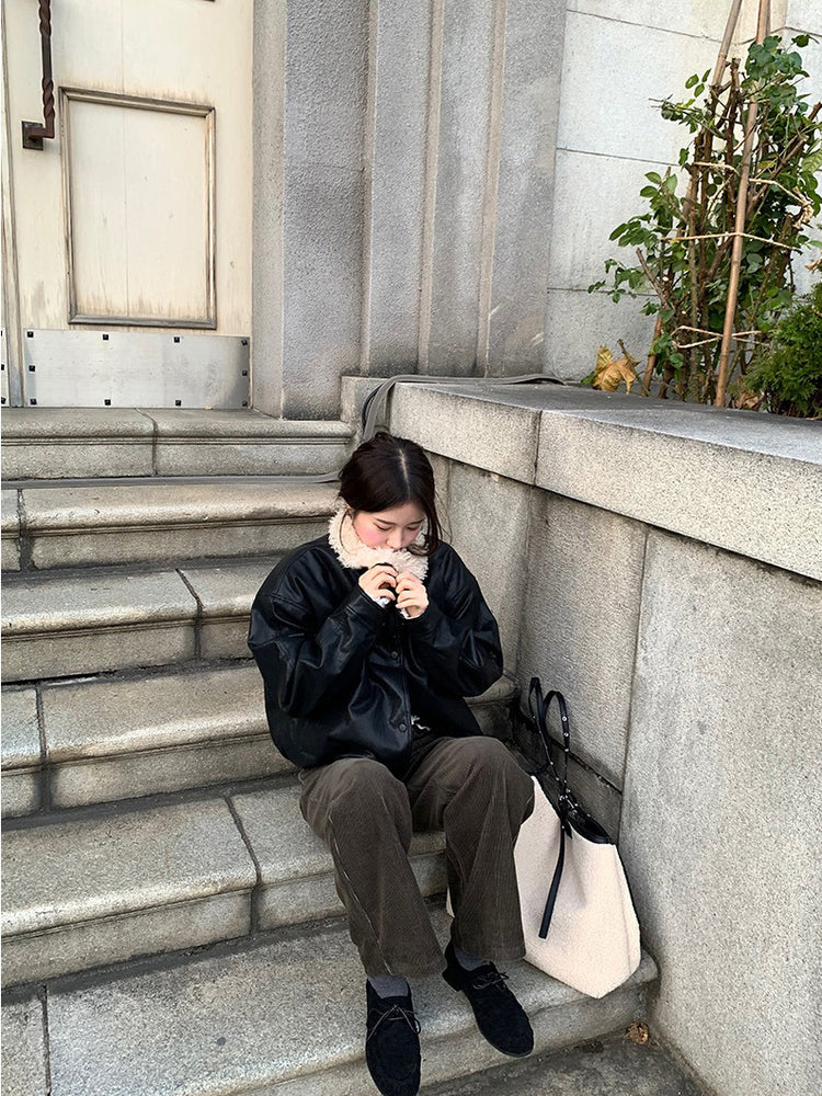卷毛毛領內束細節皮外套