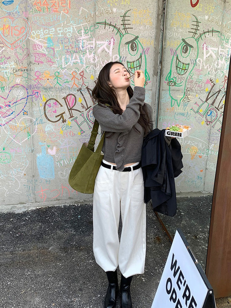 荷葉邊細節排鈕針織外套