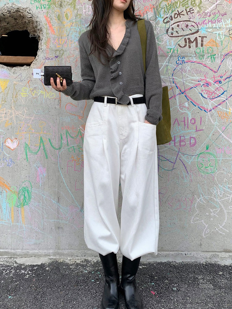 荷葉邊細節排鈕針織外套