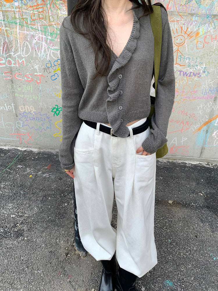 荷葉邊細節排鈕針織外套