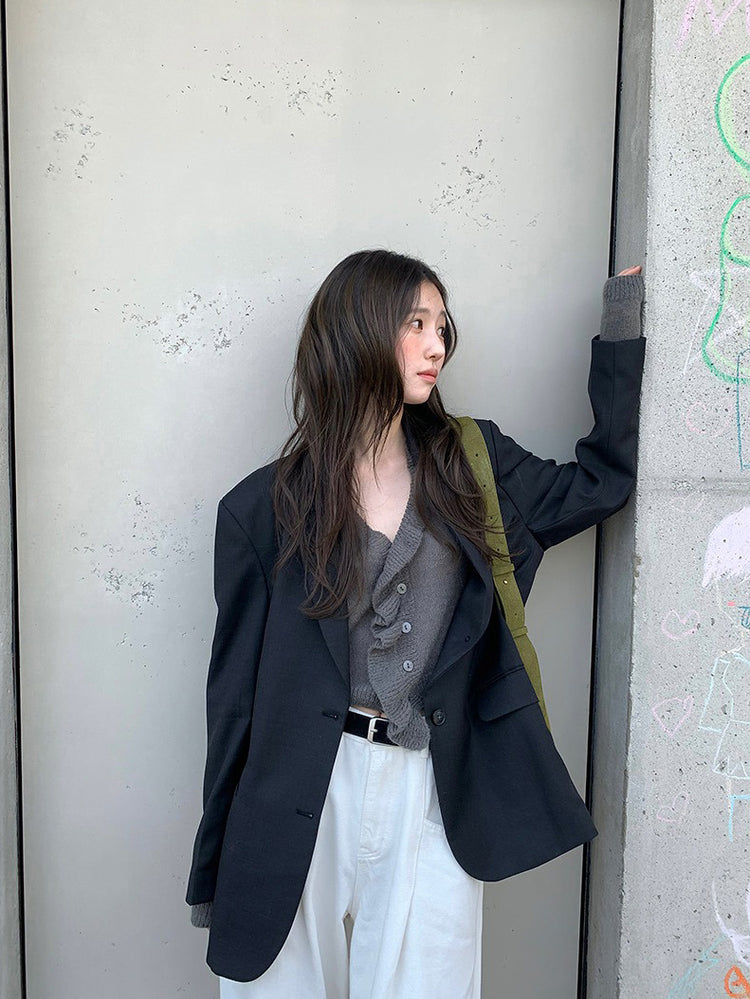 荷葉邊細節排鈕針織外套