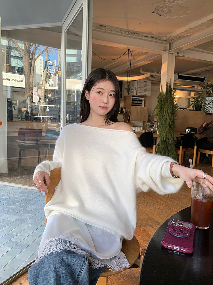 美色斜肩寬鬆束口毛衣