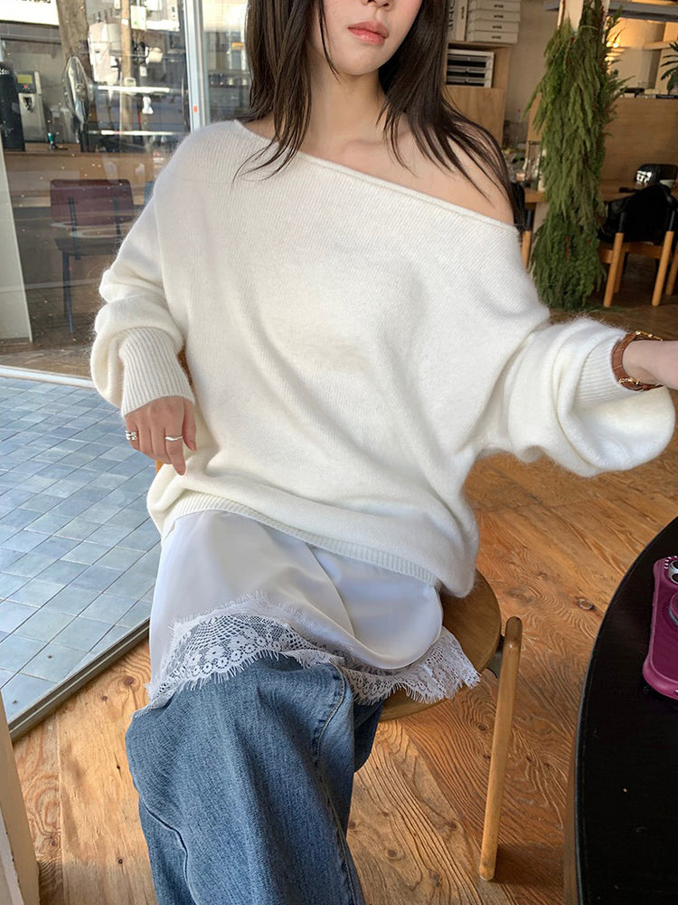 美色斜肩寬鬆束口毛衣