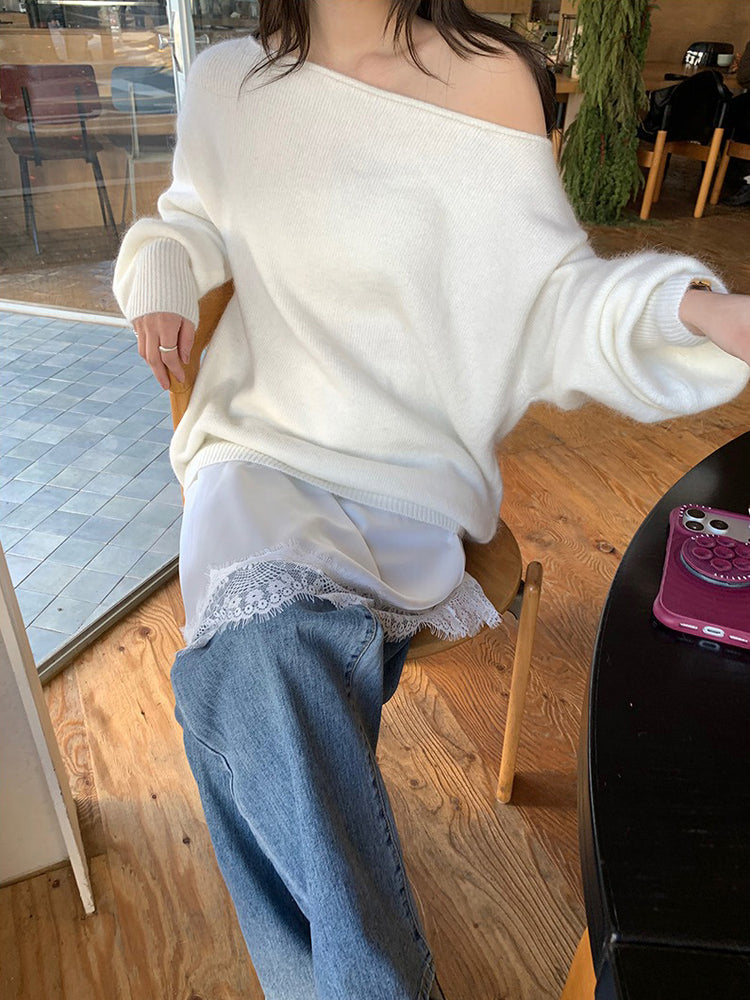 美色斜肩寬鬆束口毛衣