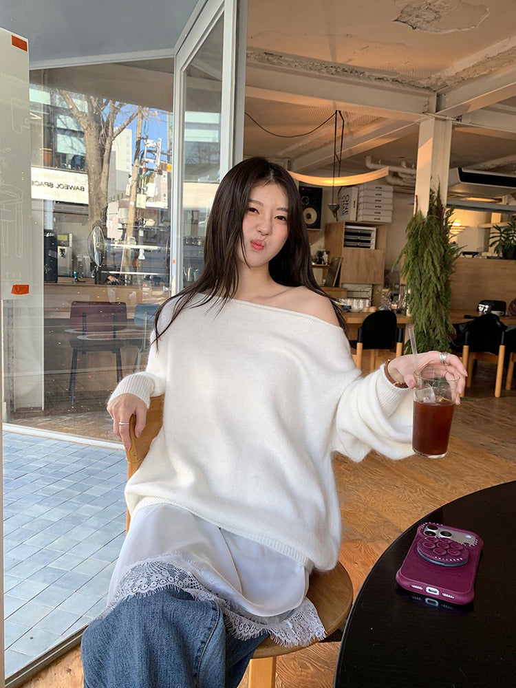 美色斜肩寬鬆束口毛衣