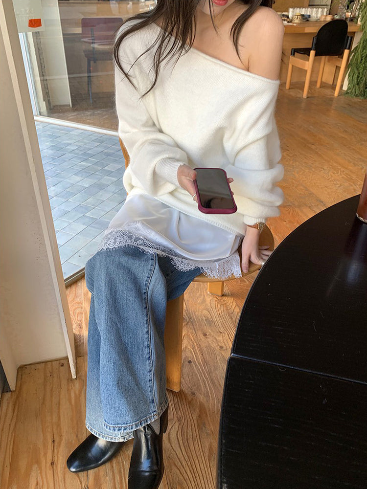 美色斜肩寬鬆束口毛衣