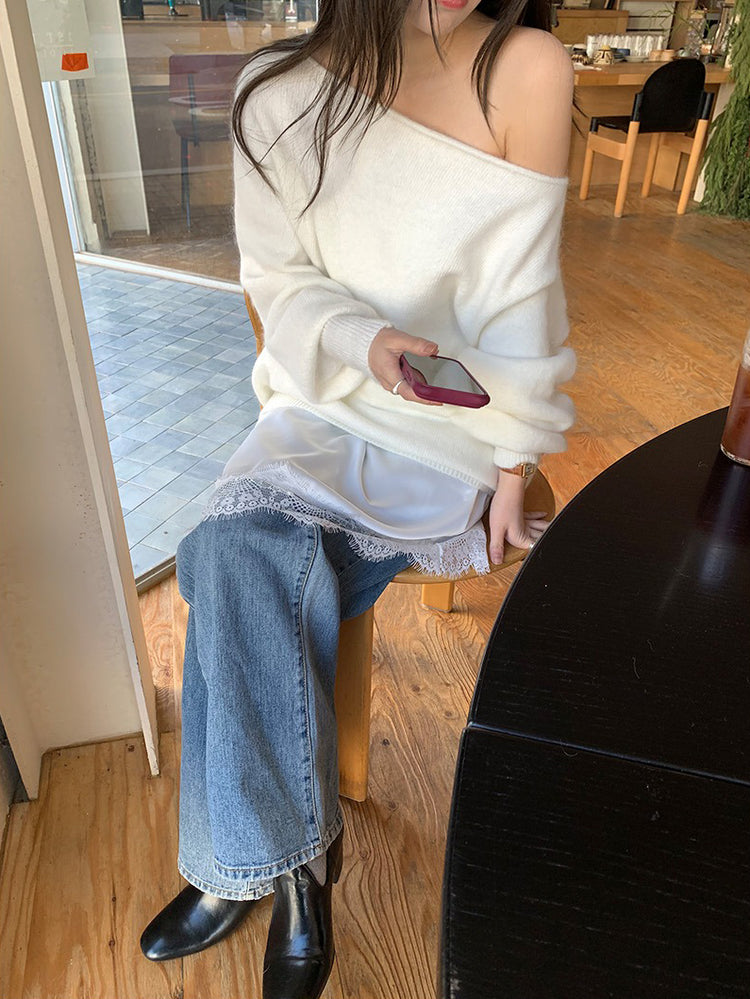 美色斜肩寬鬆束口毛衣