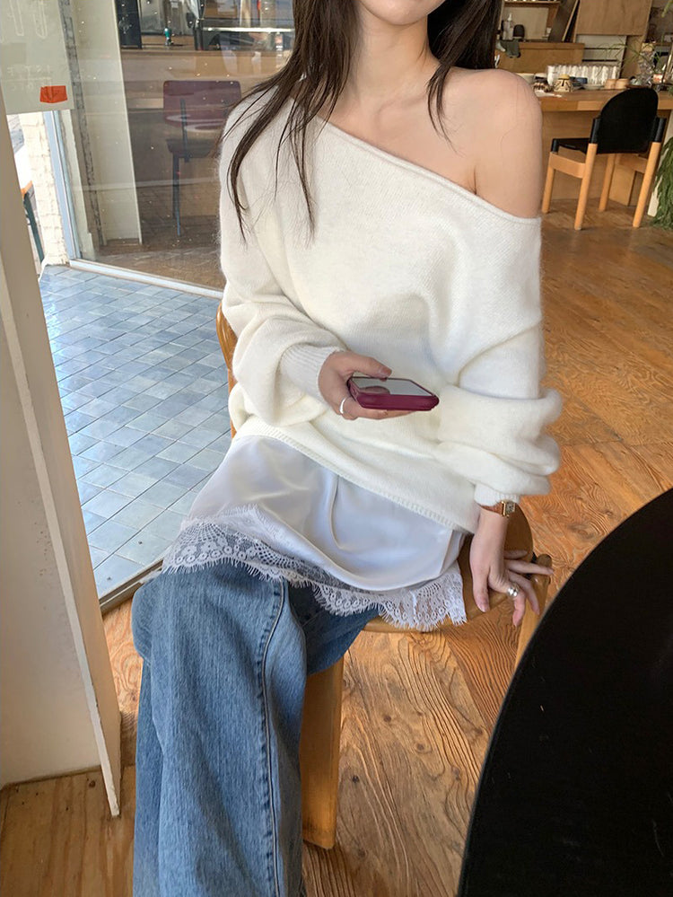 美色斜肩寬鬆束口毛衣