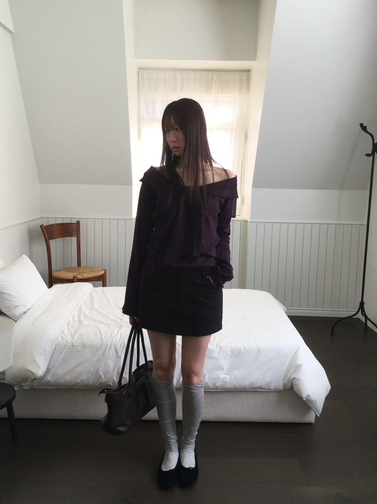 美肩垂帶領結條紋上衣