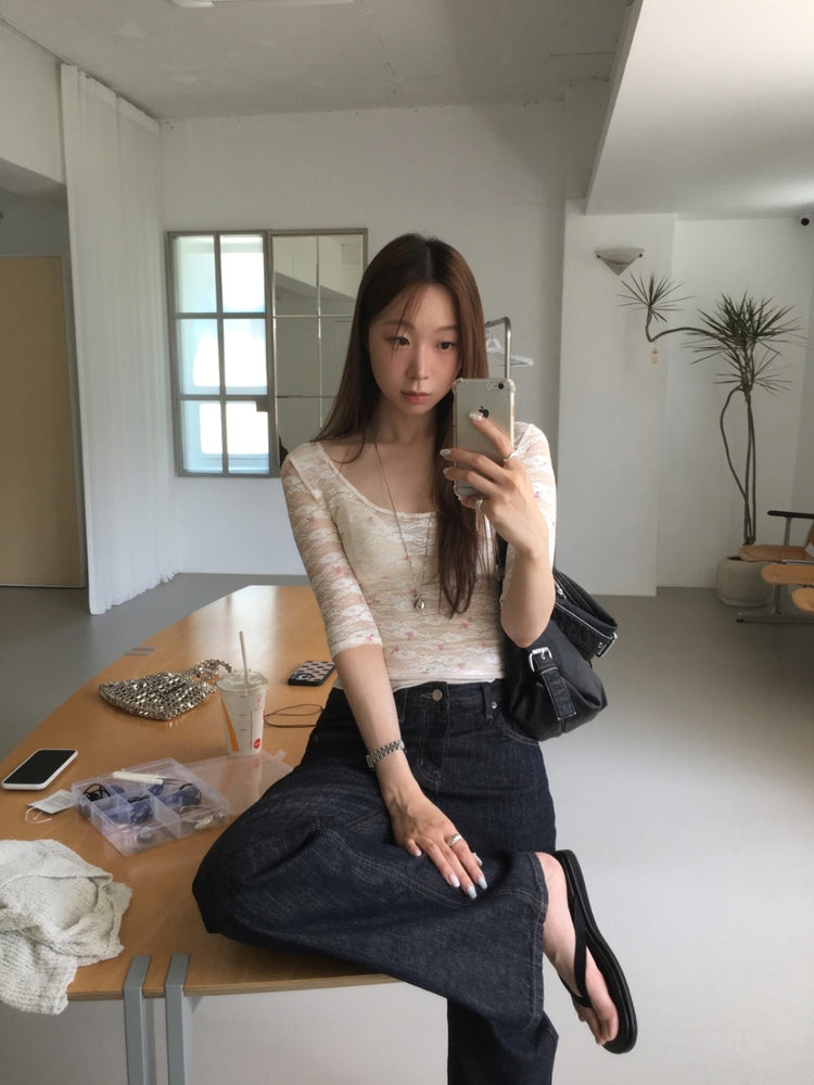 微透膚U領蕾絲七分袖上衣
