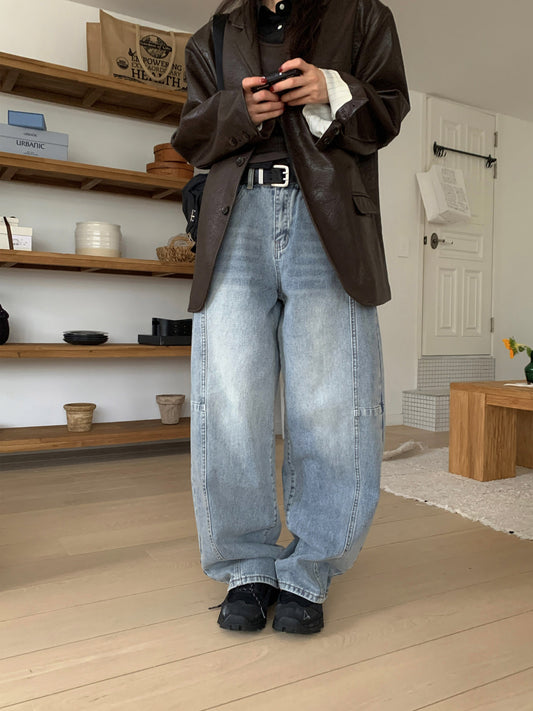 弧形側壓線廓形牛仔褲