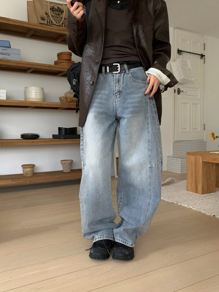 弧形側壓線廓形牛仔褲