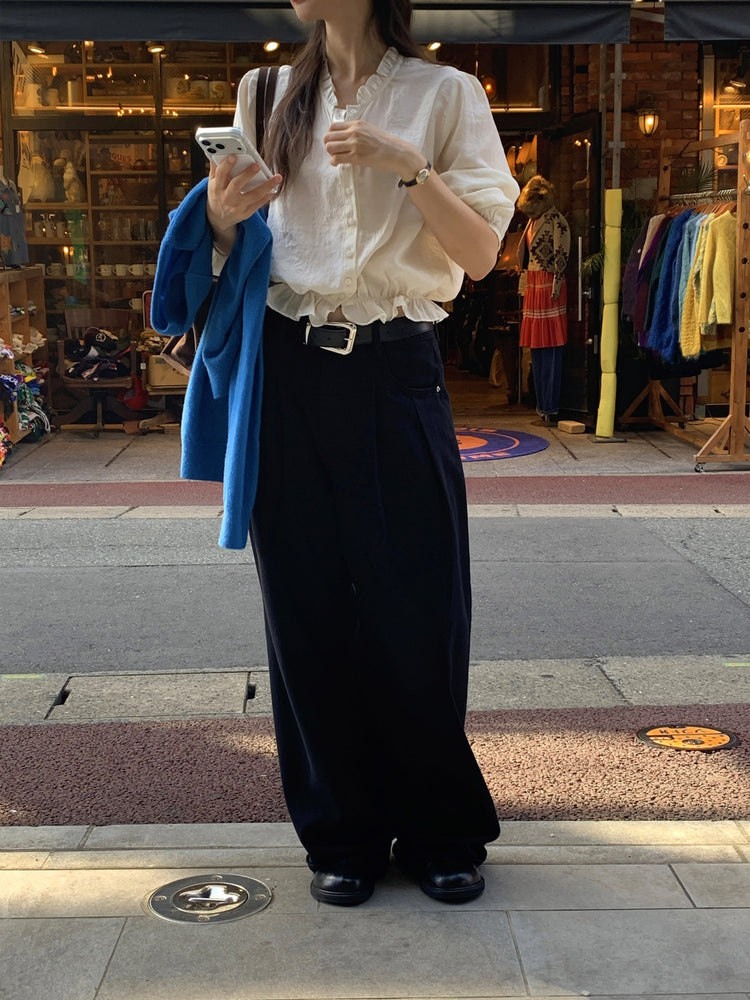 復古美色雙壓褶垂感闊褲(附皮帶)