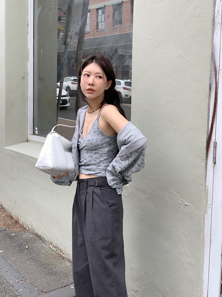 碎花華夫格背心連帽外套套裝