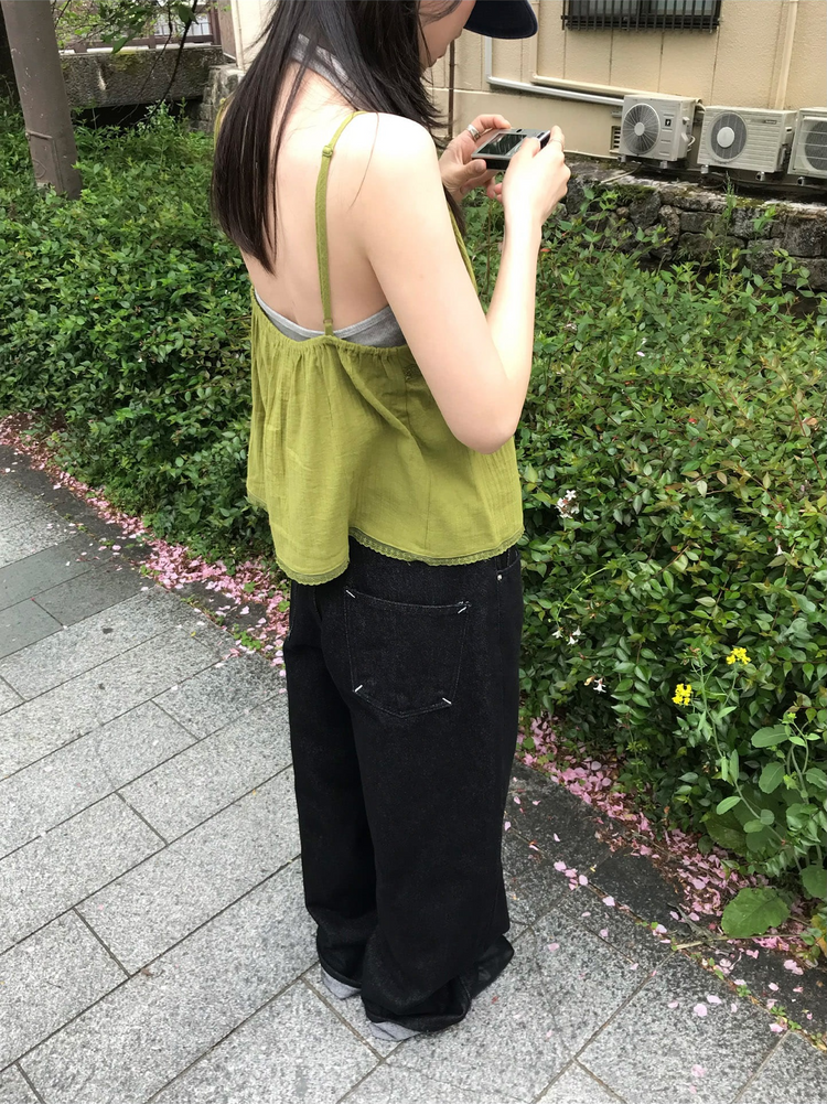 麻料蕾絲邊細節排鈕上衣
