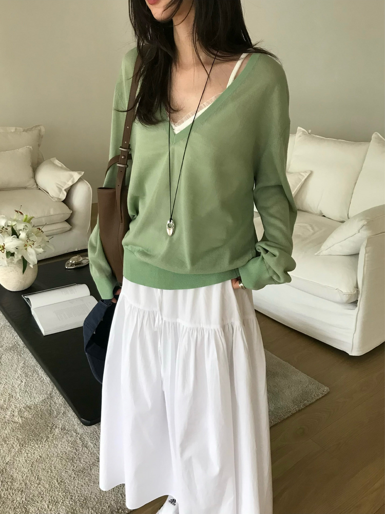 透膚深V針織上衣