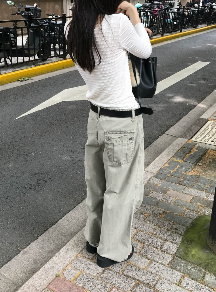 復古壓線細節工裝直褲