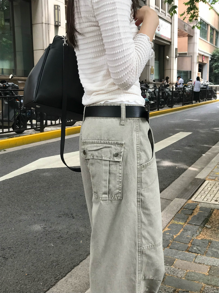 復古壓線細節工裝直褲