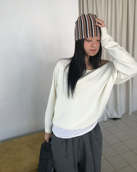 復古條紋撞色針織帽