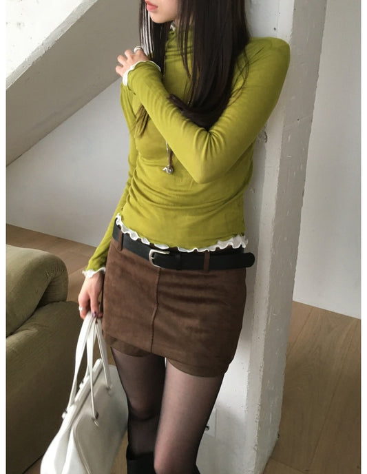 美色微透捲邊細節修身上衣