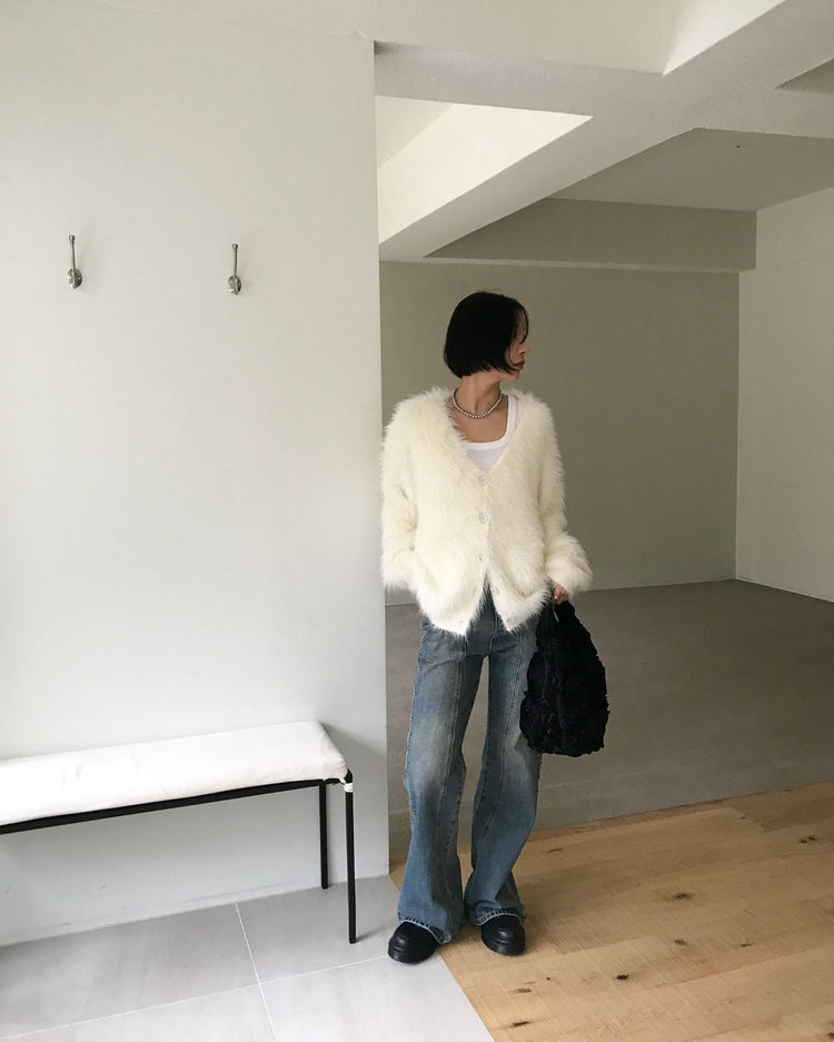 仿水貂毛質感排鈕寬鬆外套