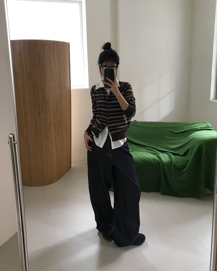 美色條紋排鈕針織外套