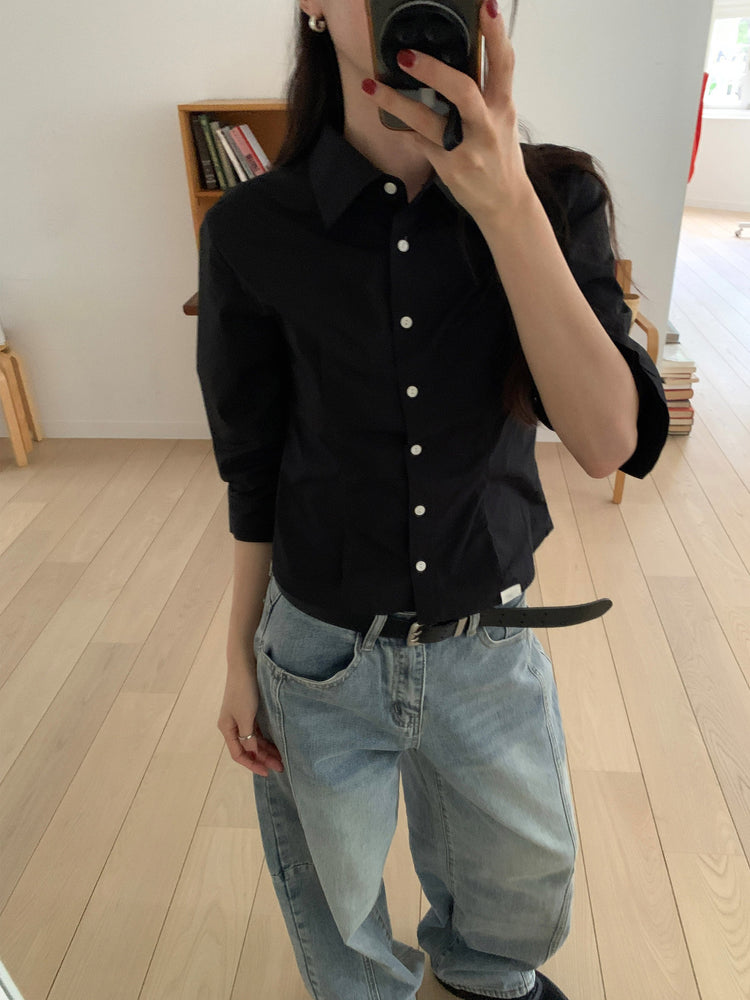 七分袖修腰層次襯衫