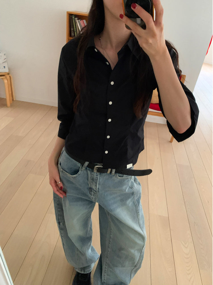 七分袖修腰層次襯衫