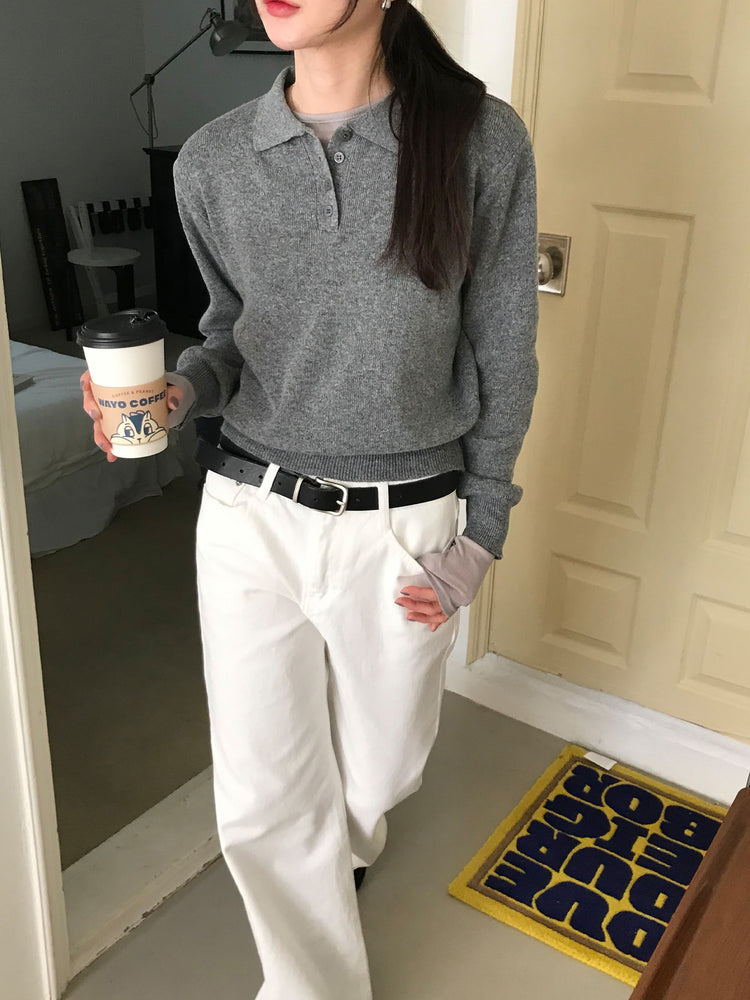 Polo領修腰針織上衣