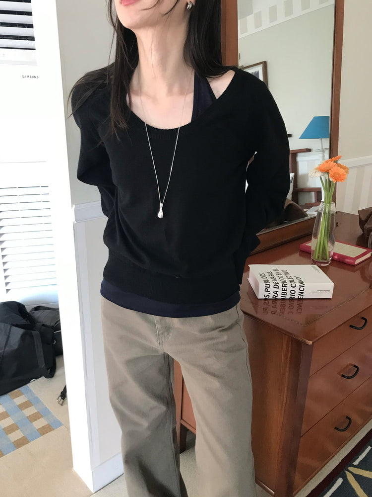 美肩撞色掛脖兩件式上衣