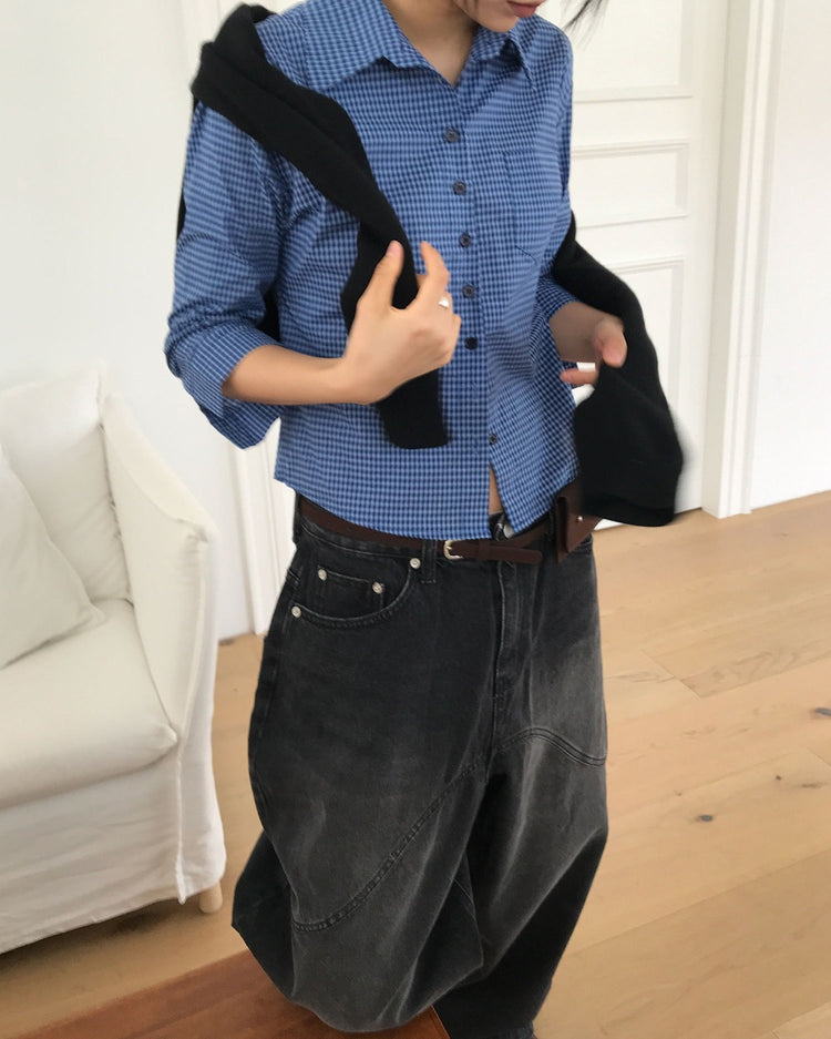 復古亮色格紋細節修腰襯衫