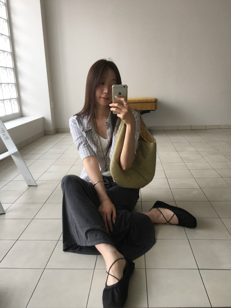 條紋修身七分袖襯衫